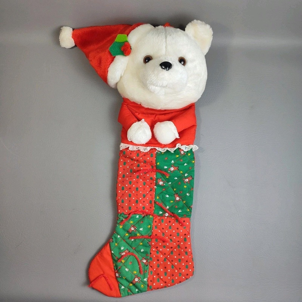 Vintage SMITHY Plush White Bear Quilted Christmas Stocking 3D &‎ Santa Hat 22"